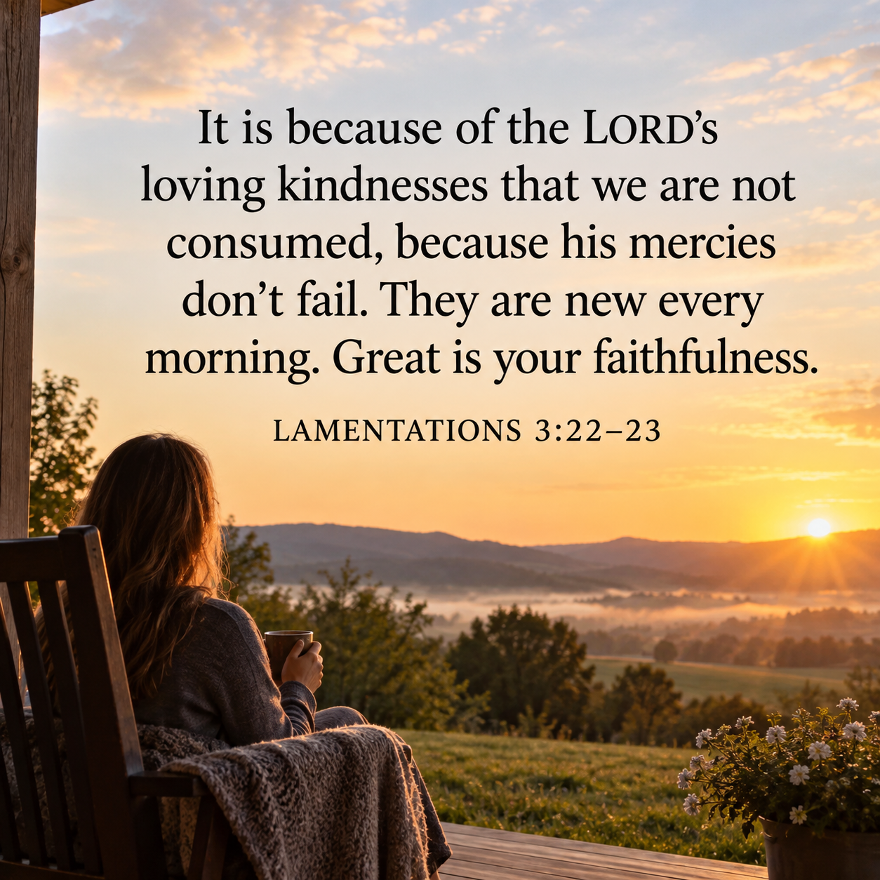 A woman sits on a porch holding a warm cup of coffee, watching the sun rise over a peaceful countryside. Lamentations 3:22–23 reminds us that God's mercies are new every morning and His faithfulness never fails.