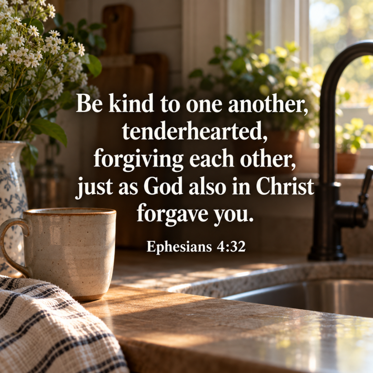 Morning sunlight falls across a kitchen counter with a ceramic mug and dish towel, with Ephesians 4:32 about kindness and forgiveness displayed at the center.