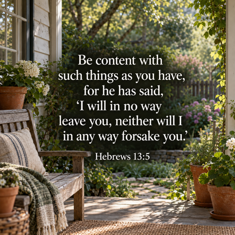 Sunlight falls across a quiet garden porch with a wooden bench and potted flowers. Hebrews 13:5 reminds us to be content and trust that God will never leave us.