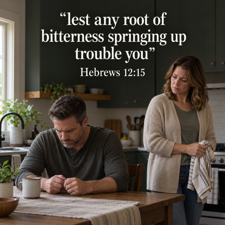 A tense man sits at a kitchen table while his wife stands nearby looking hurt, beneath a Scripture excerpt about bitterness from Hebrews 12:15.