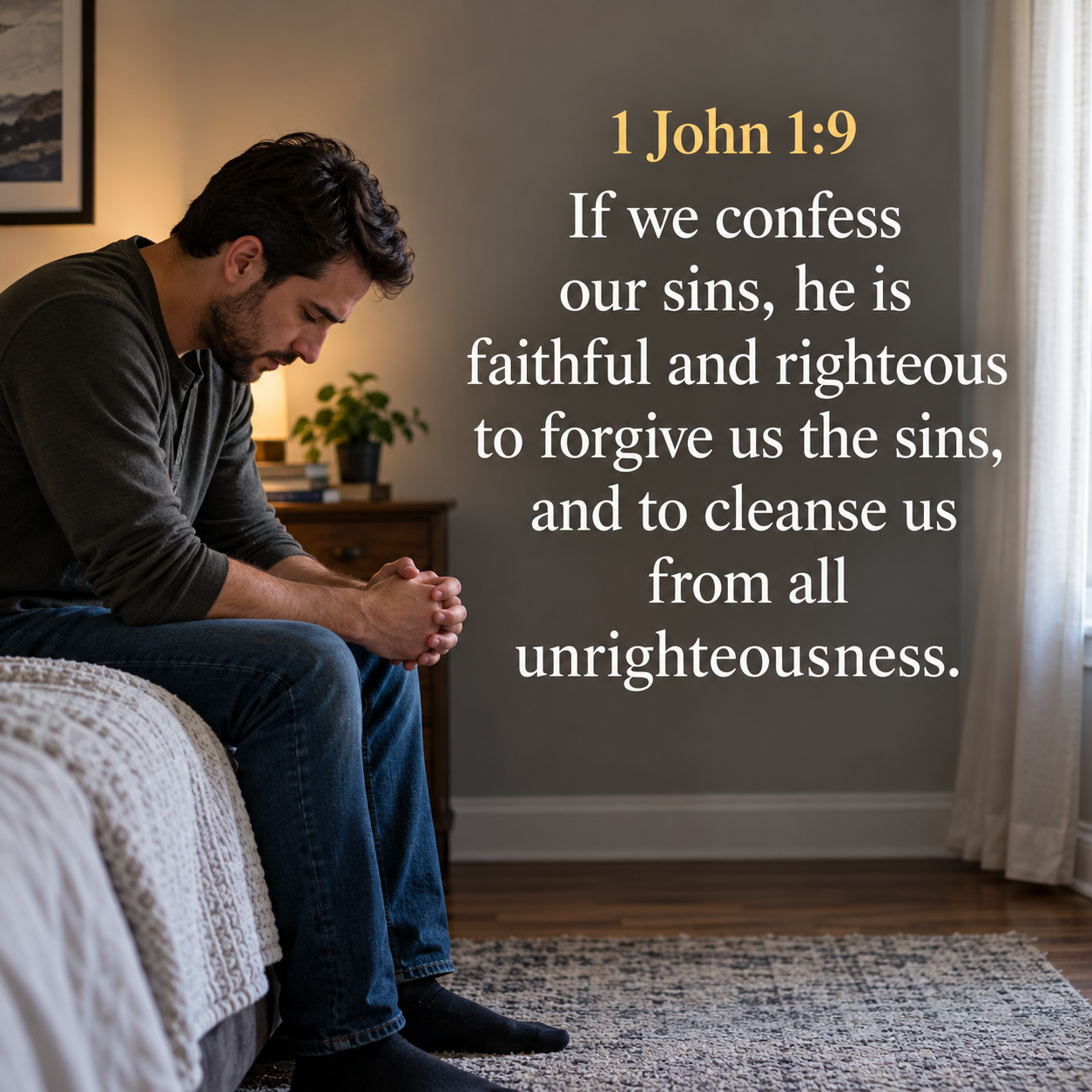 A man sits on the edge of his bed with his head bowed and hands clasped in prayer, reflecting on God's forgiveness. The image features 1 John 1:9, reminding us that God faithfully forgives and cleanses those who confess their sins.