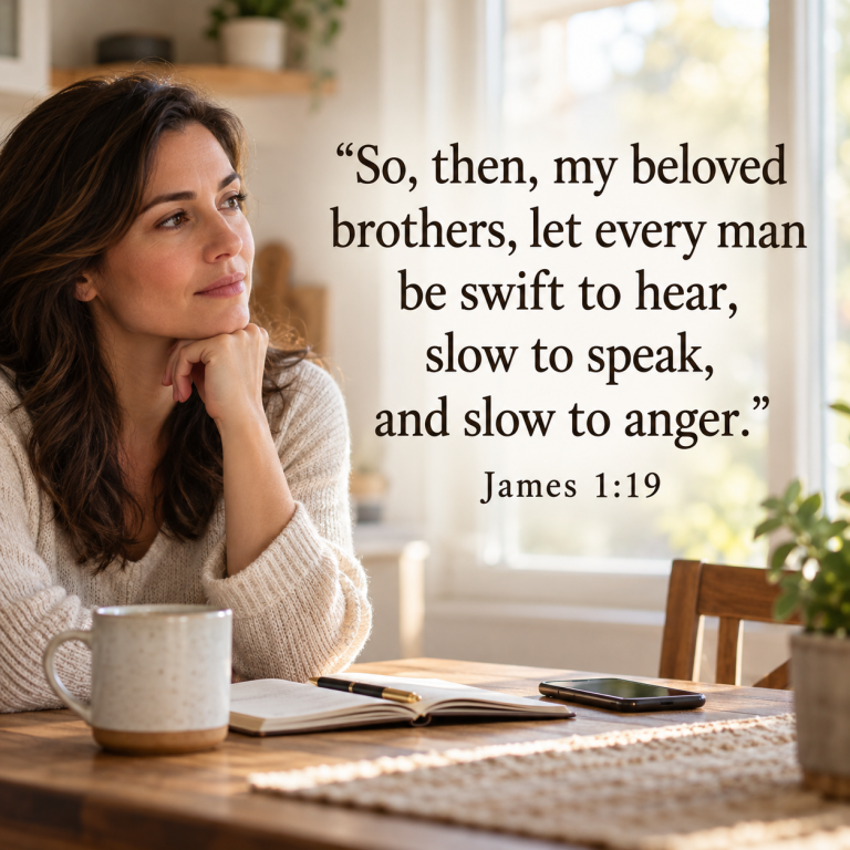 A thoughtful woman sits quietly at a sunlit kitchen table with a coffee mug, journal, and phone. James 1:19 reminds us to be quick to listen, slow to speak, and slow to anger.