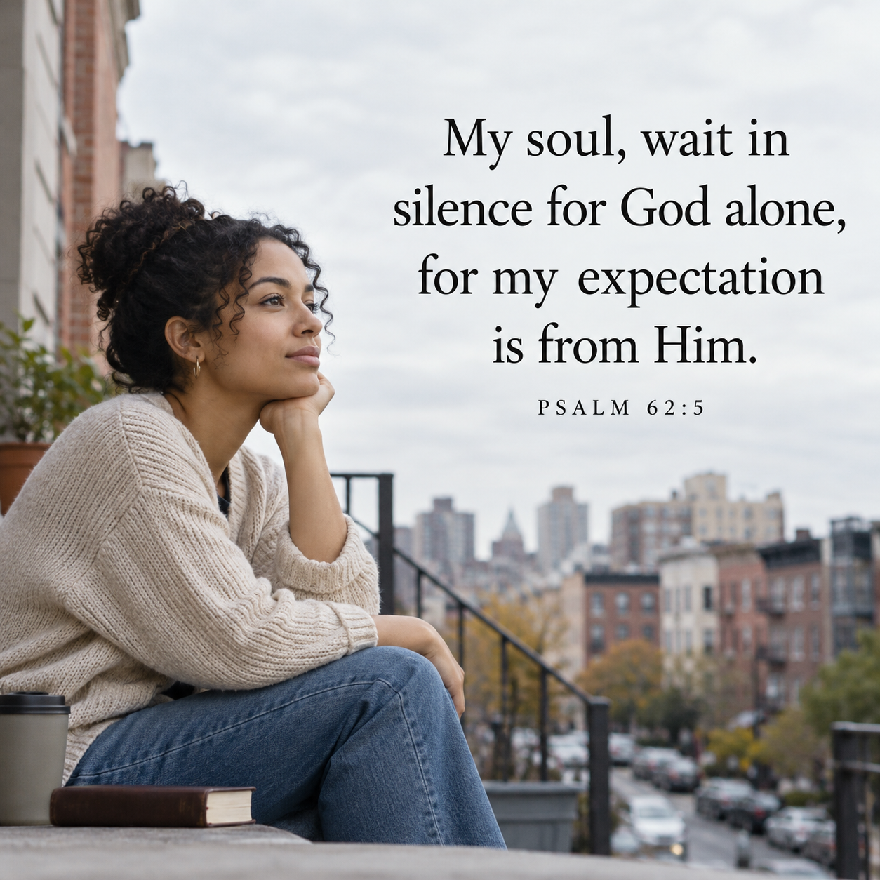 A young woman sits quietly on an urban rooftop, looking thoughtfully toward the city skyline. Beside her rests a Bible and a cup of coffee. The image features Psalm 62:5, reminding us to wait patiently and place our trust in God.