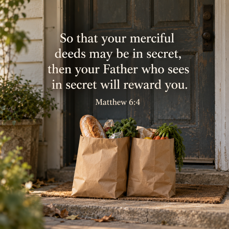 Alt text: Two paper bags filled with groceries sit on a doorstep in morning light, with Matthew 6:4 about the Father seeing and rewarding kindness done in secret.
