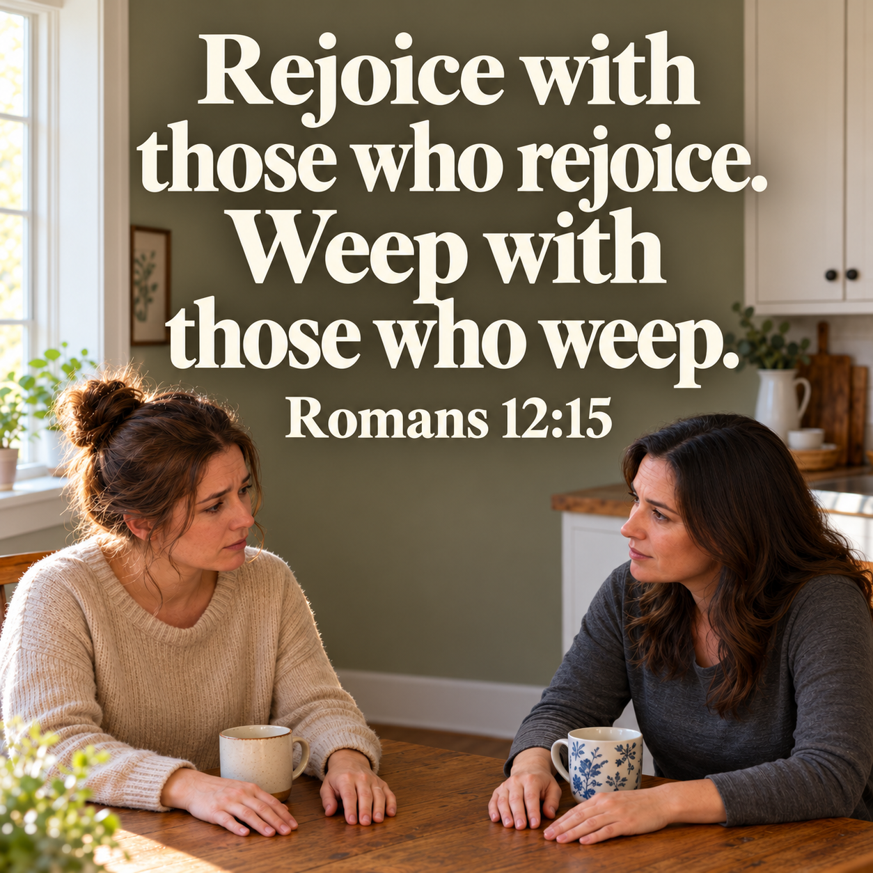 Two women sit across a kitchen table, one listening compassionately to the other, beneath Romans 12:15: “Rejoice with those who rejoice. Weep with those who weep.”