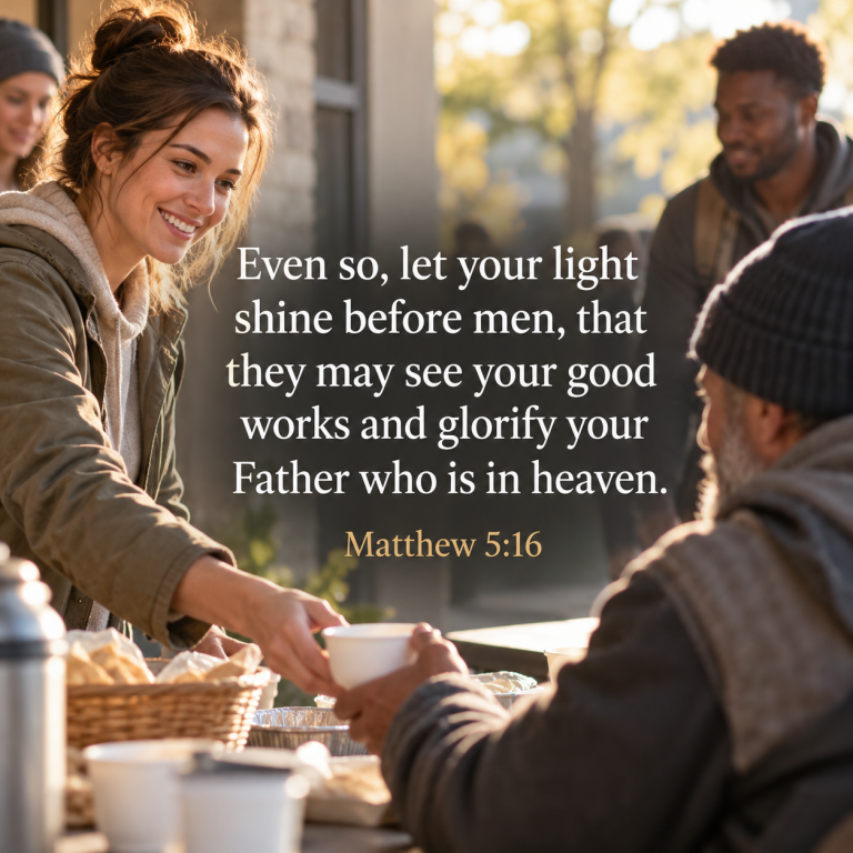 A woman warmly serves a meal to a man at a community gathering, reflecting the love of Christ through everyday kindness. Matthew 5:16 reminds us to let our light shine so others may glorify God.