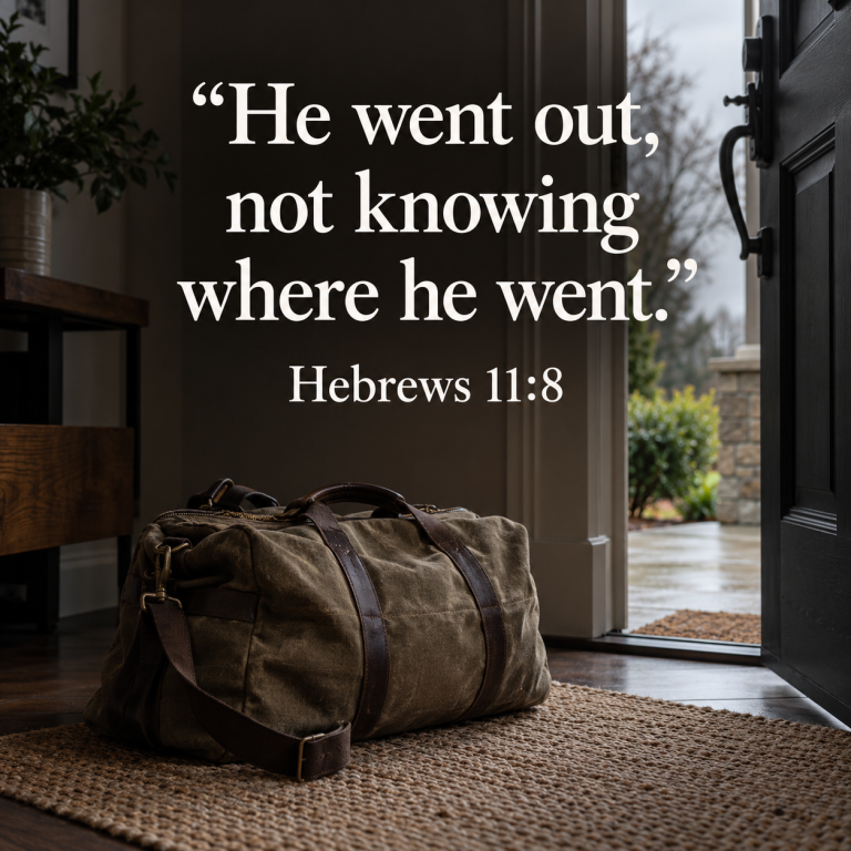 A worn travel bag beside an open front door, with the Scripture excerpt “He went out, not knowing where he went.” — Hebrews 11:8.