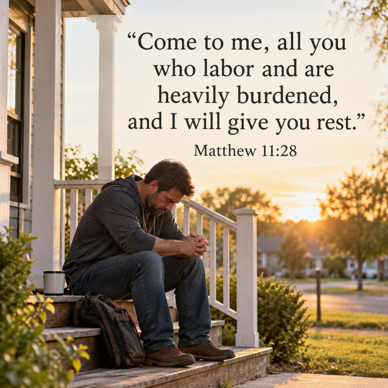A weary man sits with his head bowed and hands clasped on the steps of his front porch in the warm morning sunlight. Matthew 11:28 reads, “Come to me, all you who labor and are heavily burdened, and I will give you rest.”
