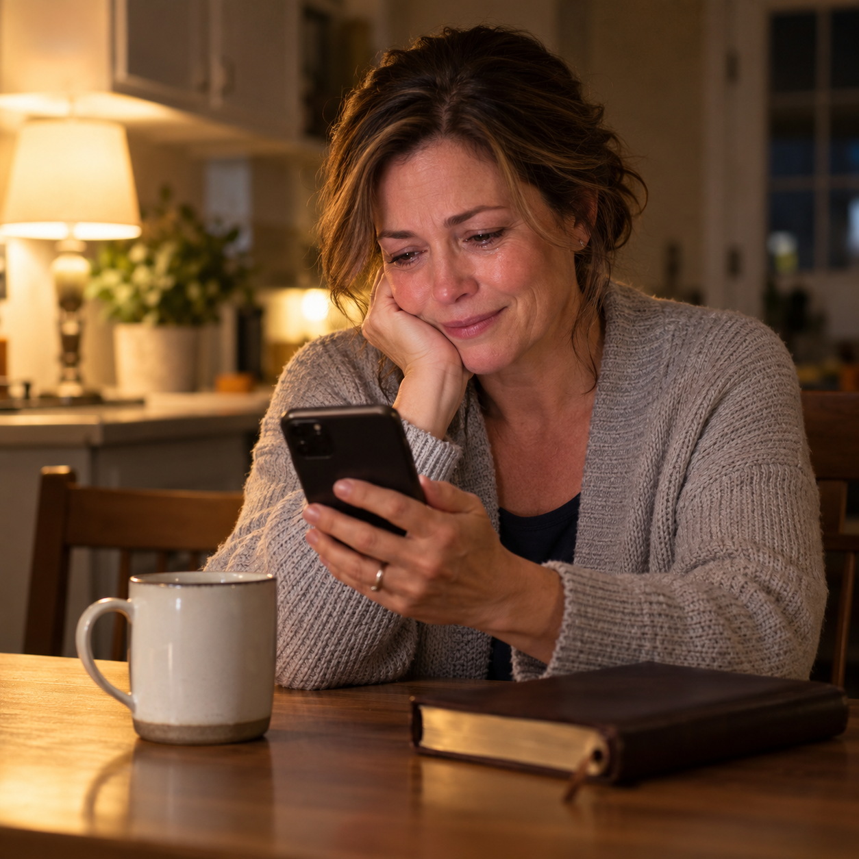 A middle-aged woman sits at her kitchen table in the evening, smiling through tears as she reads a message on her phone, with a coffee mug and Bible nearby.