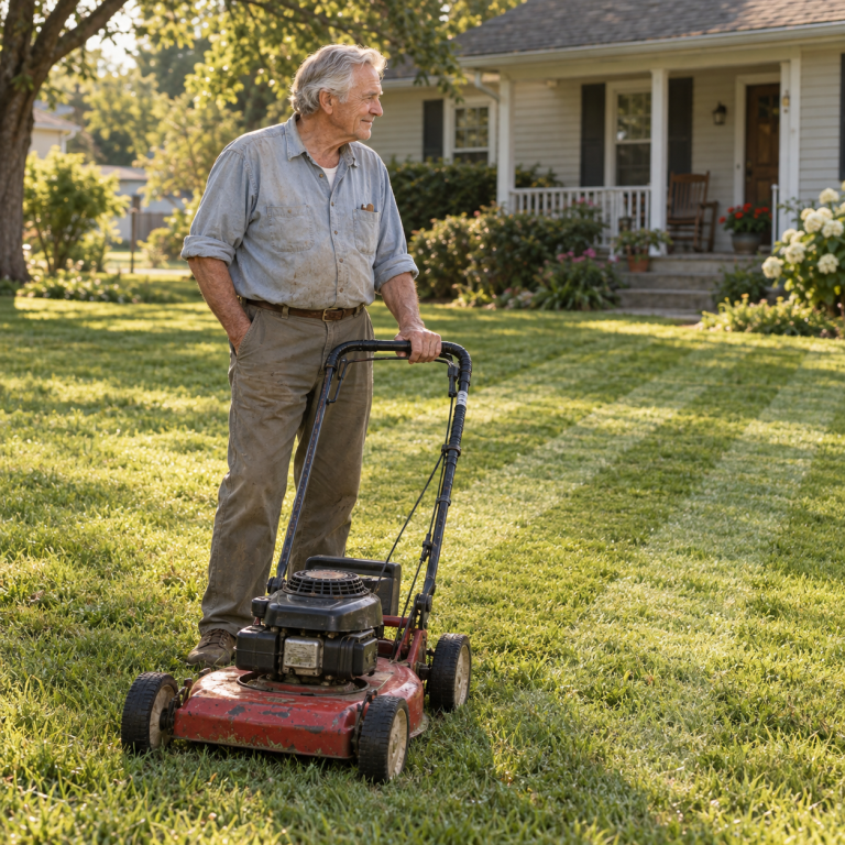 An older man stands beside a worn red lawn mower, smiling softly as he looks across his freshly mowed front yard.