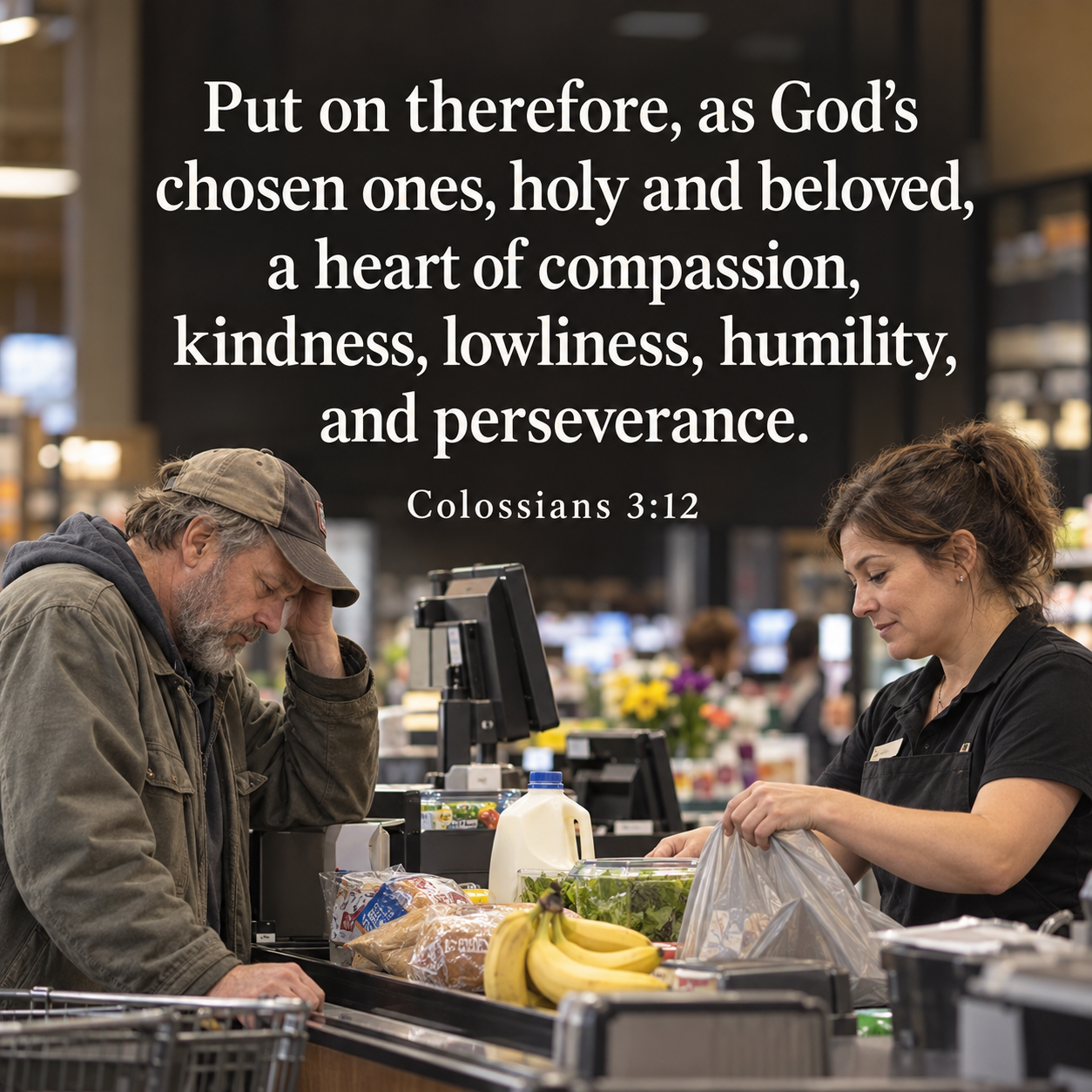A patient grocery cashier helps a weary customer, with Colossians 3:12 displayed above them.